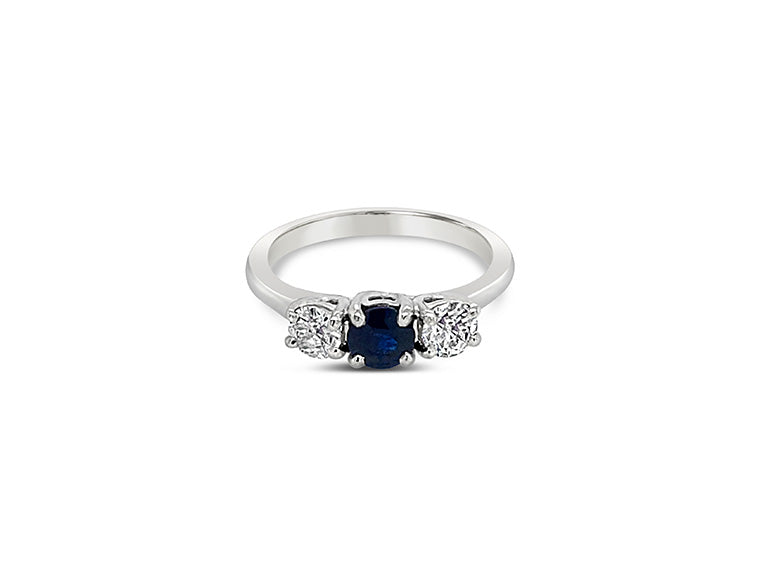 (REF 1320) 0.50ct DIAMOND 0.52ct SAPPHIRE TRILOGY RING (PLATINUM)