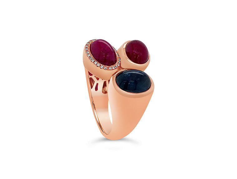 (REF 1452) 0.06ct Diamond 2x Ruby 5.52ct Sapphire 4.39ct Dress Ring (18ct Rose Gold)