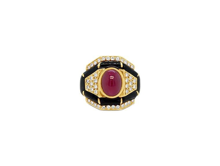 (Ref 1649) Joan Collins Ruby, Diamond and Enamel Ring (18ct Yellow Gold)