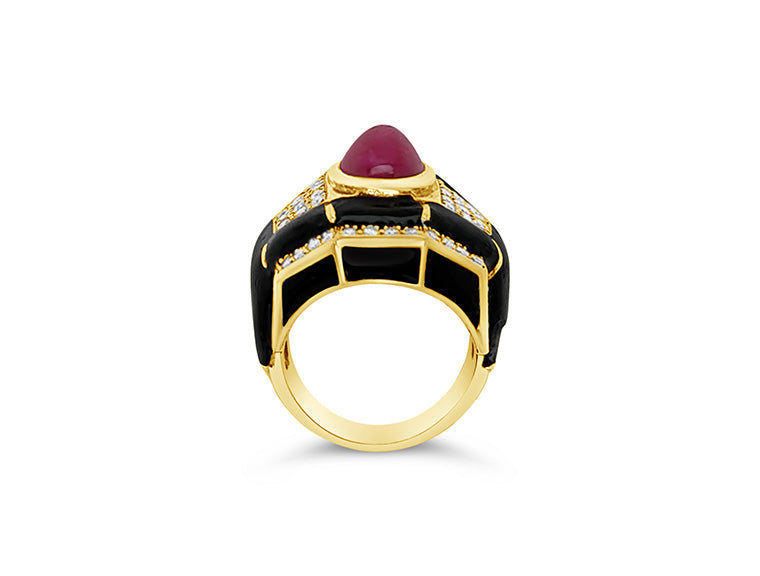 (Ref 1649) Joan Collins Ruby, Diamond and Enamel Ring (18ct Yellow Gold)