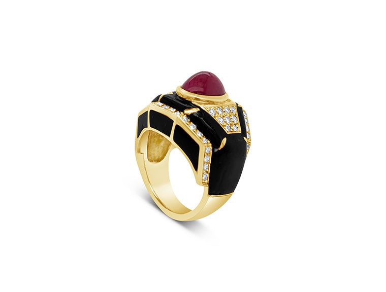 (Ref 1649) Joan Collins Ruby, Diamond and Enamel Ring (18ct Yellow Gold)