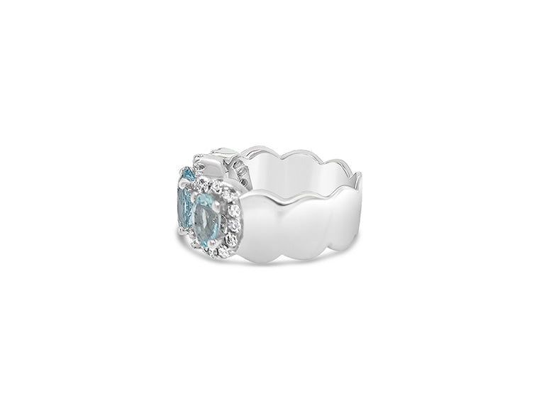 (Ref 1822) 3 Stones Aquamarine and Diamond Ring (18ct White Gold)