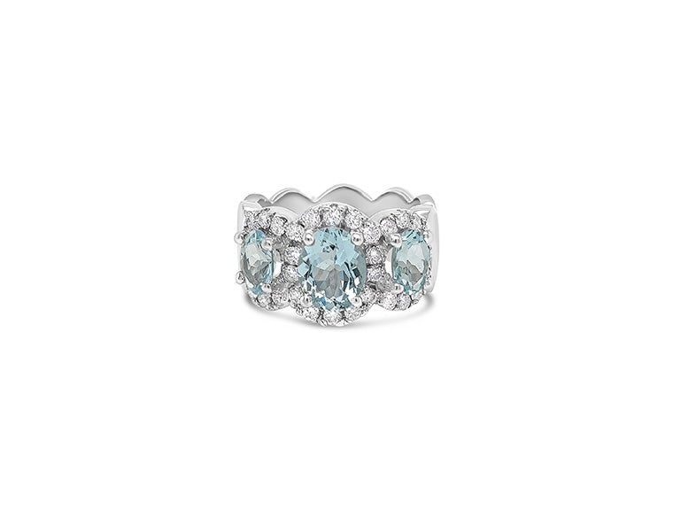 (Ref 1822) 3 Stones Aquamarine and Diamond Ring (18ct White Gold)