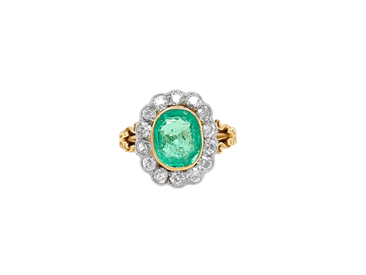 (1947) 2.17ct Emerald and 0.85ct Diamond Cluster Ring (18ct Yellow Gold) Antique
