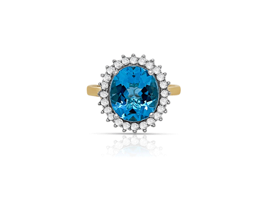 (REF 1957) Blue Topaz Diamond Cluster Ring (9ct Yellow Gold)