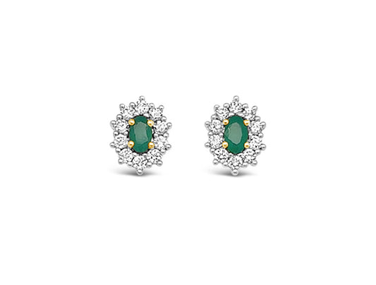 0.51ct Emerald and Diamonds Cluster Earrings - 9ct Yellow Gold