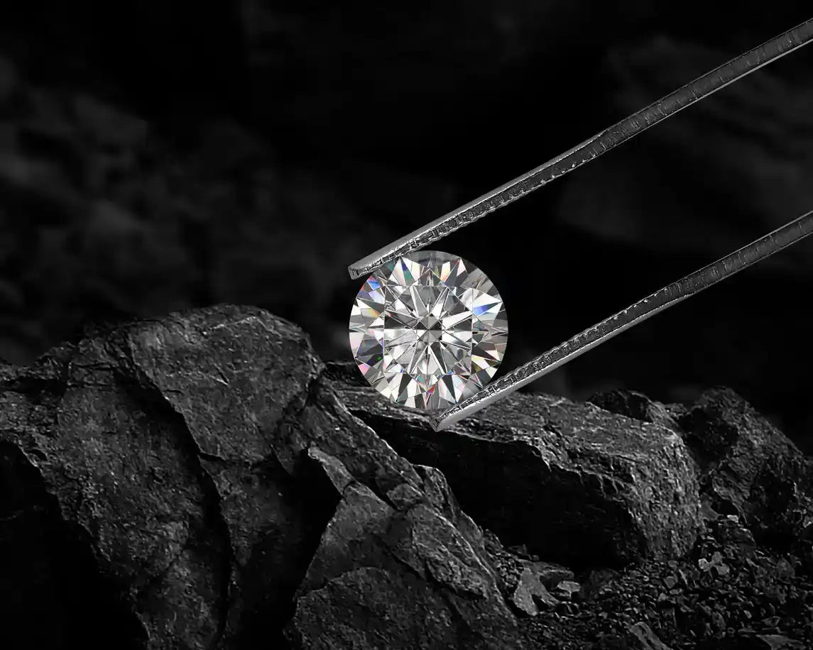 Natural Diamond held by tweezers on a dark background