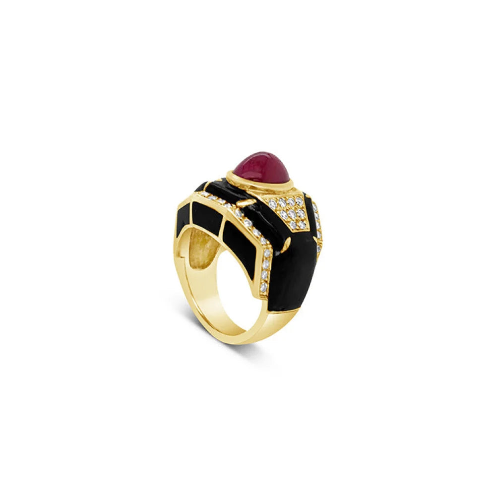 (Ref 1649) Joan Collins Ruby Diamond and Enamel Ring (18ct Yellow Gold)