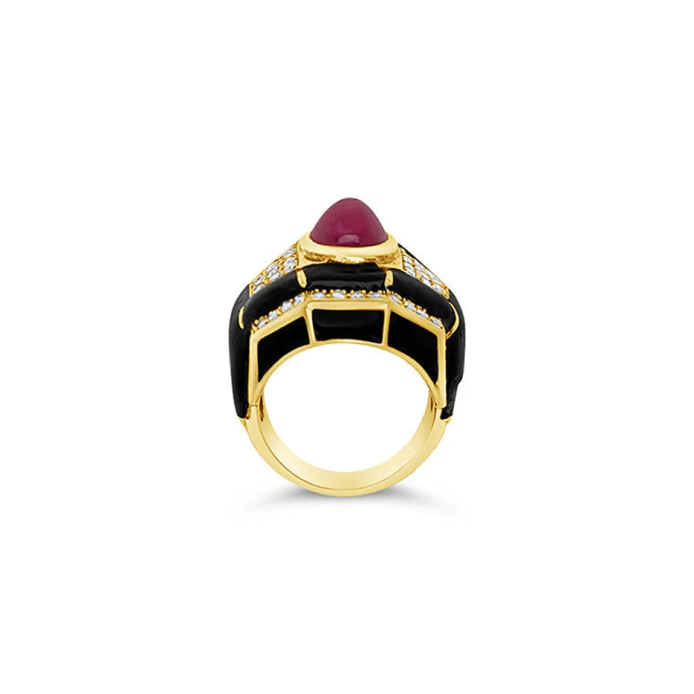 (Ref 1649) Joan Collins Ruby Diamond and Enamel Ring (18ct Yellow Gold)