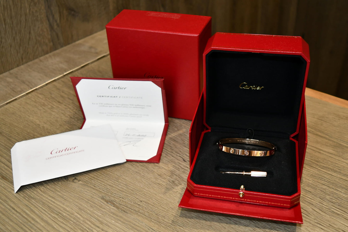 18ct Rose Gold Cartier Love Bangle with original box, screwdriver, and certificate