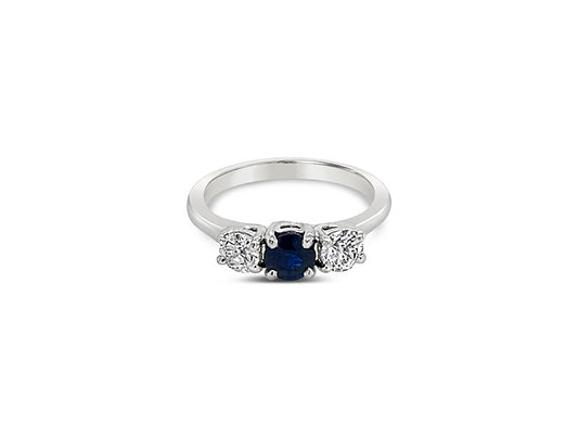 (REF 1320) 0.50ct DIAMOND 0.52ct SAPPHIRE TRILOGY RING (PLATINUM)