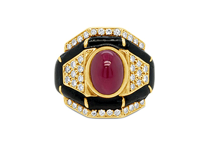 Joan Collins Ruby, Diamond & Enamel Ring – 18ct Yellow Gold