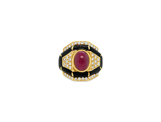 (Ref 1649) Joan Collins Ruby, Diamond and Enamel Ring (18ct Yellow Gold)