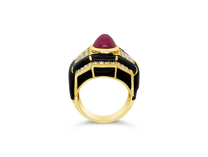 (Ref 1649) Joan Collins Ruby, Diamond and Enamel Ring (18ct Yellow Gold)