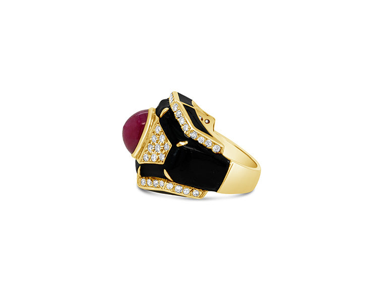 (Ref 1649) Joan Collins Ruby, Diamond and Enamel Ring (18ct Yellow Gold)