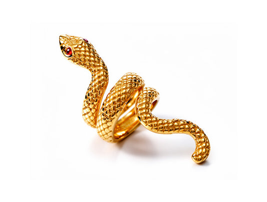 Bespoke Snake Ring with Ruby Eyes – 14ct Yellow Gold