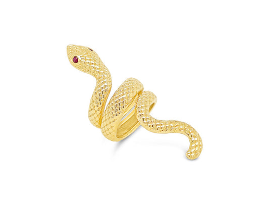 (Ref 1816) Bespoke Snake Ring with Ruby eyes (14ct yellow gold)