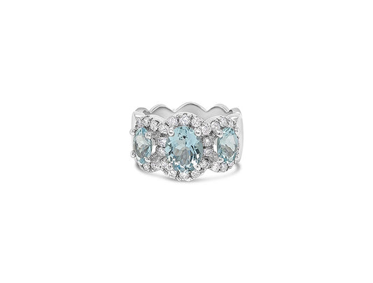 (Ref 1822) 3 Stones Aquamarine and Diamond Ring (18ct White Gold)