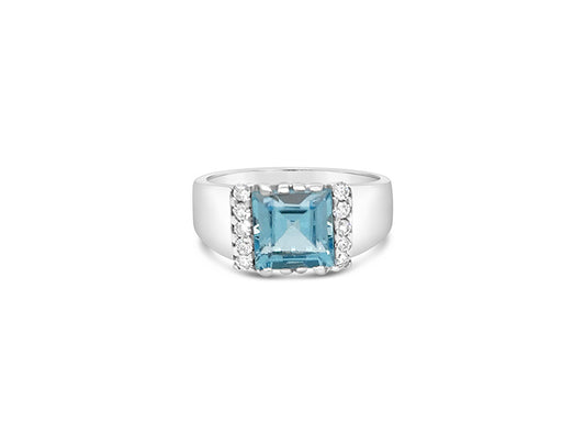 (Ref 1823) Blue Topaz and Diamond Ring (18ct White Gold)