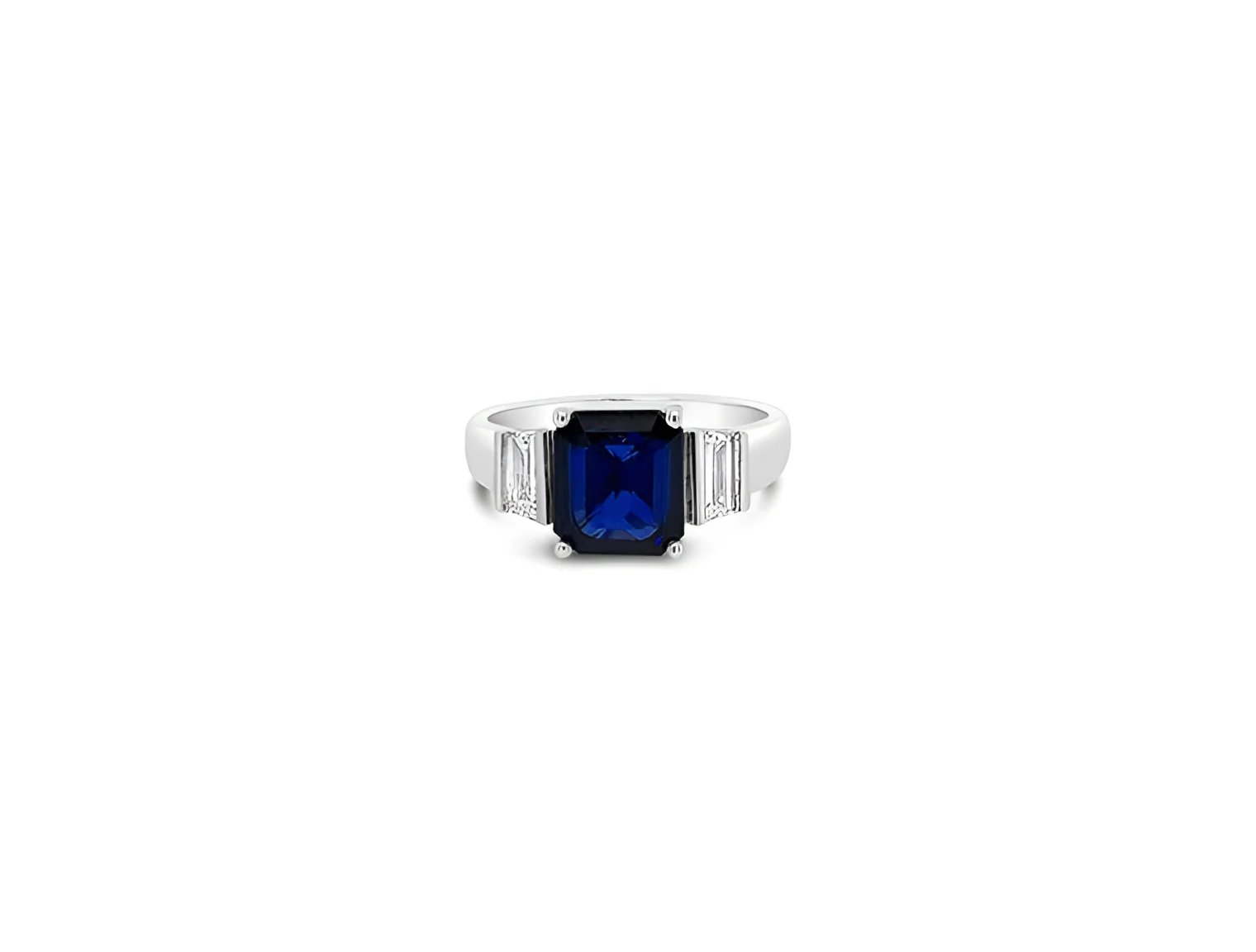 (Ref 1867) 3.40ct Sapphire 0.42ct Baguette Diamond Ring (18ct White Gold)