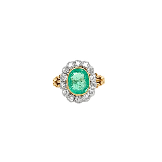 (1947) 2.17ct Emerald and 0.85ct Diamond Cluster Ring (18ct Yellow Gold) Antique