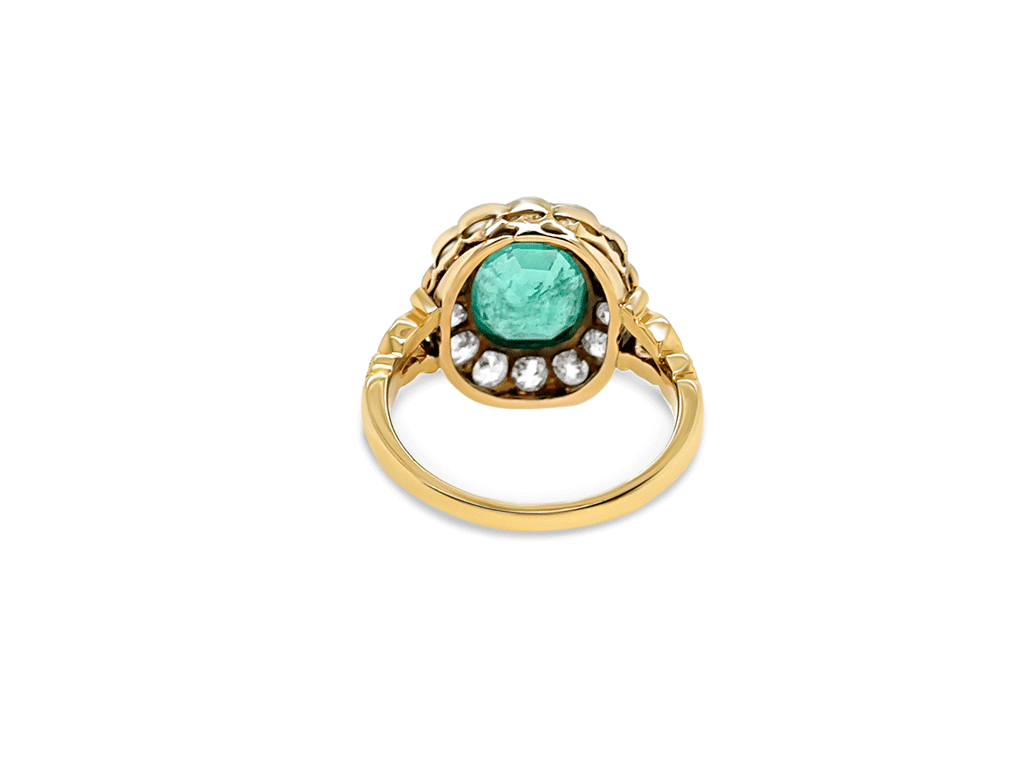 (1947) 2.17ct Emerald and 0.85ct Diamond Cluster Ring (18ct Yellow Gold) Antique