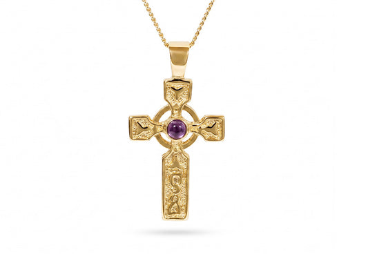 Cross Pendant Amethyst + Chain - 9ct Yellow Gold