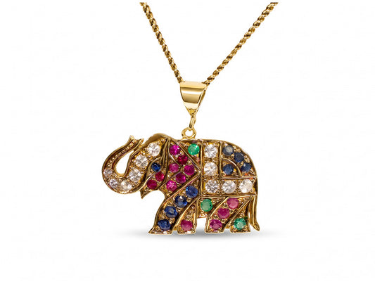 Elephant Multicolour Pendant and Chain - 14ct Yellow Gold