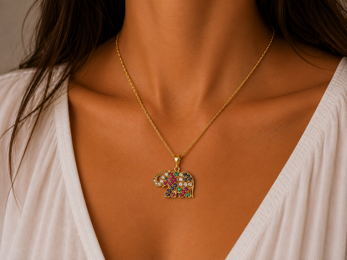 Multicolour Elephant Pendant and Chain – 14ct Yellow Gold