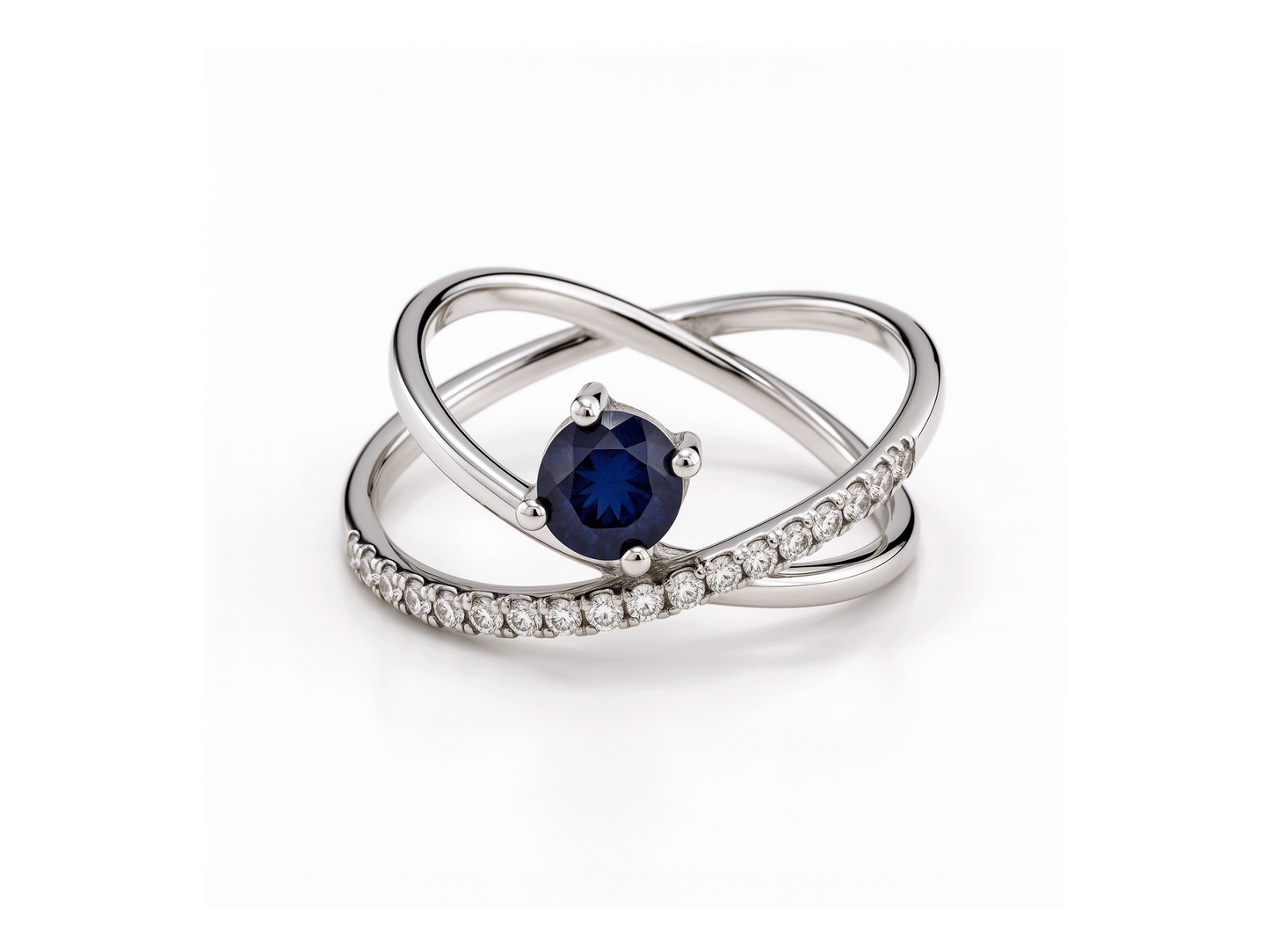 Sapphire and Diamond Cross Over Diamond Ring - 18ct White Gold