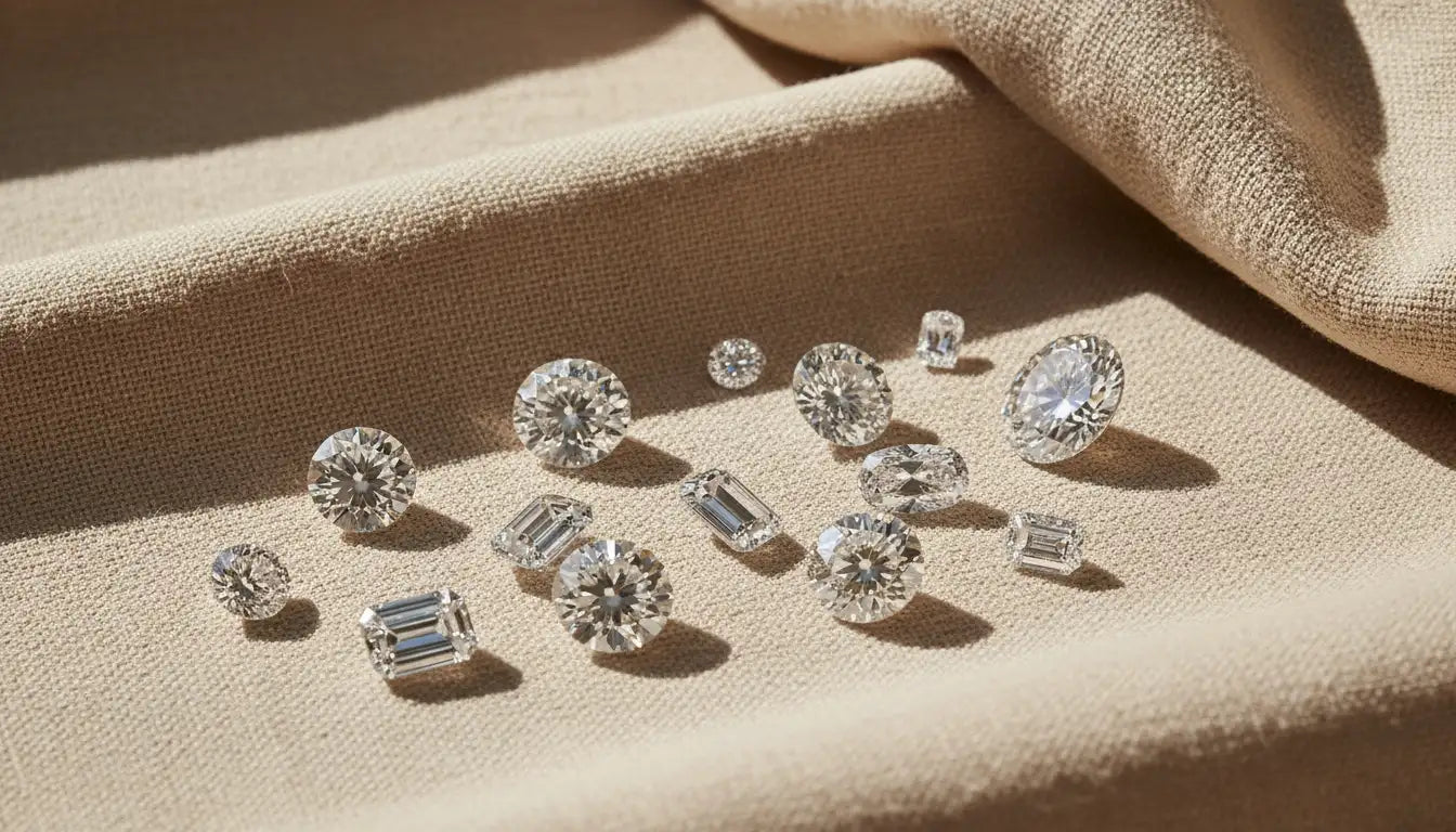 Collection of diamonds on a beige fabric background
