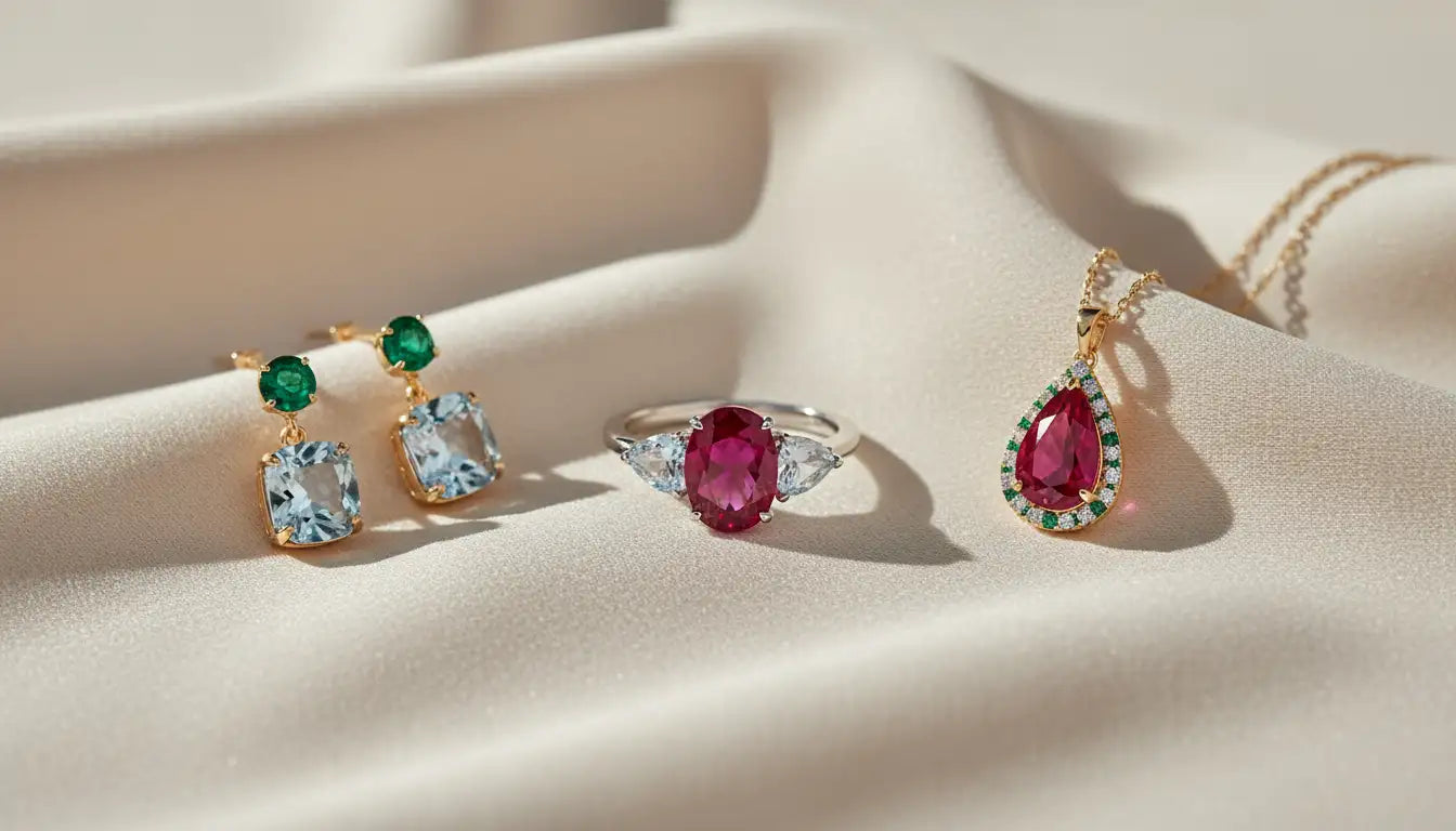 Jewellery set with earrings and ring on a beige fabric background