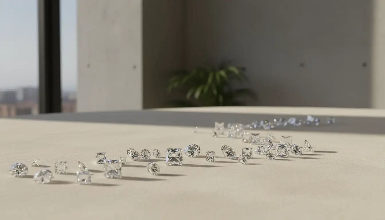 Multiple diamonds arranged on a flat surface with a blurred background