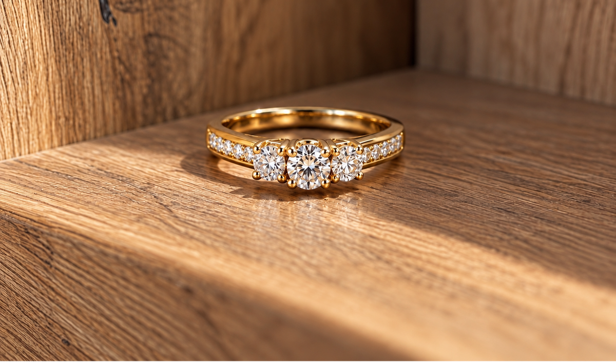 A gold three-stone engagement ring with round-cut diamonds, resting on a wooden surface with a wooden background.