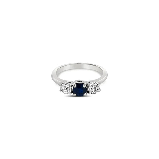 (REF 1320) 0.50ct DIAMOND 0.52ct SAPPHIRE TRILOGY RING (PLATINUM)