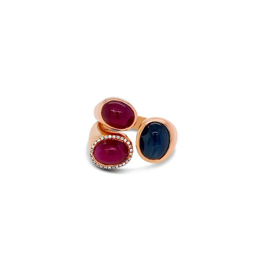 (REF 1452) 0.06ct Diamond 2x Ruby 5.52ct Sapphire 4.39ct Dress Ring (18ct Rose Gold)