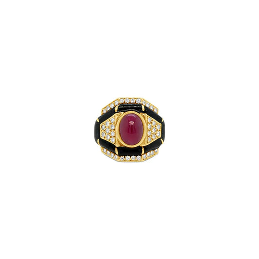 (Ref 1649) Joan Collins Ruby Diamond and Enamel Ring (18ct Yellow Gold)