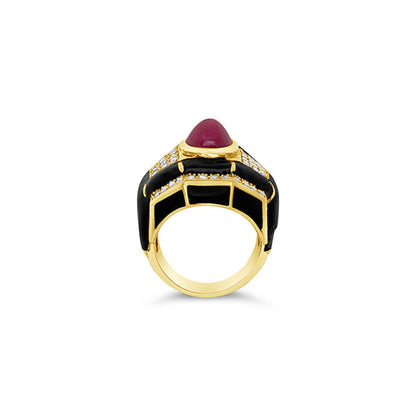(Ref 1649) Joan Collins Ruby Diamond and Enamel Ring (18ct Yellow Gold)
