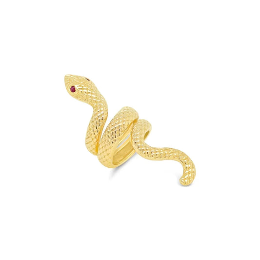 (Ref 1816) Bespoke Snake Ring with Ruby eyes (14ct yellow gold)