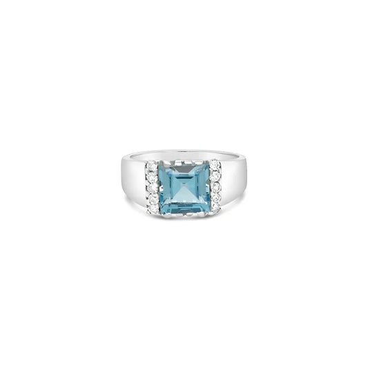 (Ref 1823) Blue Topaz and Diamond Ring (18ct White Gold)
