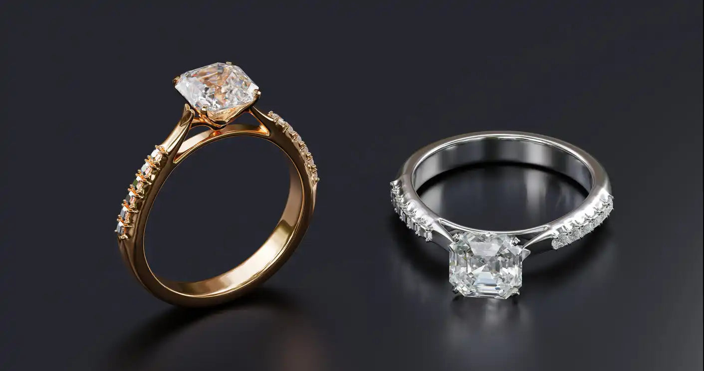 yellow gold and white gold diamond engagement rings on black background, featuring round brilliant cut diamonds